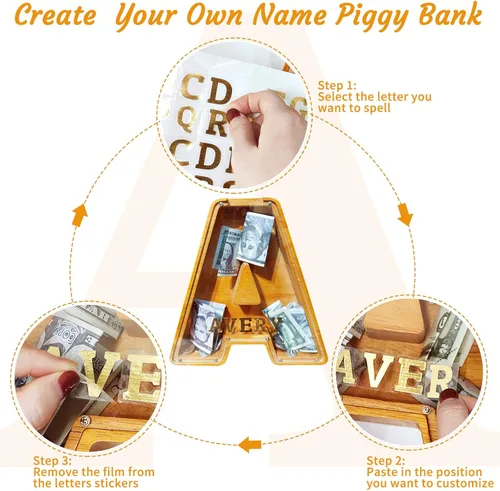 Miniatura 4 de Ladenk Alcancía de madera grande personalizada de 9 pulgadas para niños, niños, niños/niñas/adultos, bancos creativos para niños para billetes