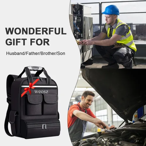 Miniatura 7 de Mochila de herramientas para hombres de 18 pulgadas resistente al agua de servicio pesado con múltiples bolsillos, organizador de bolsa de Negro