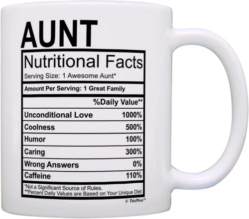 ThisWear Regalos para el día de la madre para tía, etiqueta de datos nutricionales, regalos divertidos para tía, regalo de broma, taza de café de