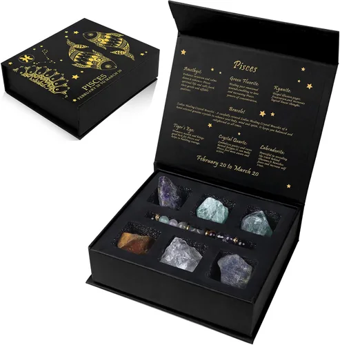 GolbalJew Juego de regalo de cristales de Piscis, signos del zodíaco, piedras de nacimiento de cristales curativos con caja de horóscopo, pulsera de