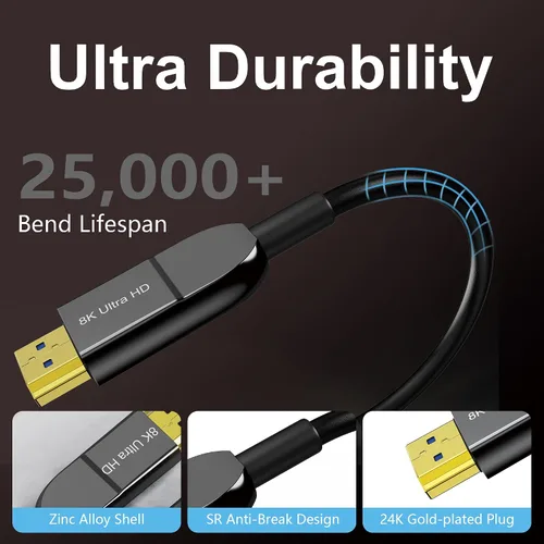 Miniatura 6 de Cable HDMI de fibra óptica 8K de 6 pies, cable HDMI 2.1 activo largo de 48 Gbps ultra alta velocidad 8K @60Hz 4K @120Hz HDR10 eARC 3D HDCP 2.3
