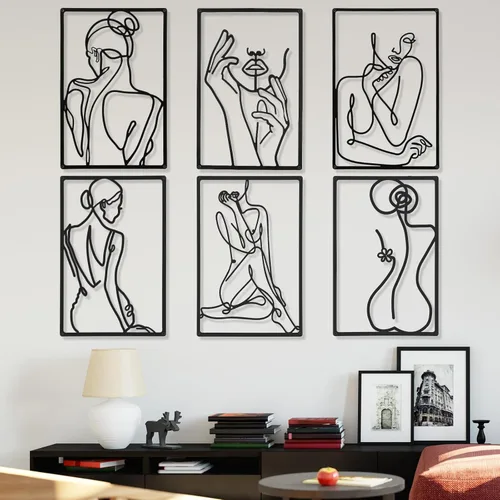 Miniatura 7 de Cindeer Arte abstracto moderno para pared, 6 piezas de escultura colgante de metal, arte de línea femenina para dormitorio, decoración de sala