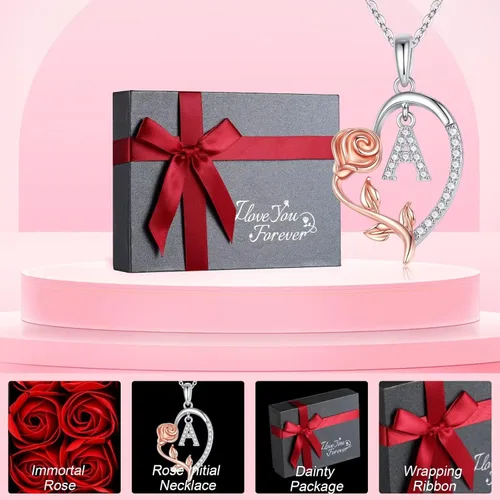 Miniatura 6 de Yoosteel Collar con dije de flor de rosa con inicial de corazón para mujer, collar con letra de corazón de amor, collares con inicial únicos