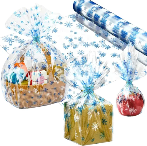 Miniatura 7 de Teling Rollo de papel de celofán navideño de 100 pies de largo, 32 pulgadas de ancho, 3.1 mil de grosor, bolsas de regalo de plástico, cesta grande
