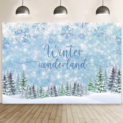 MEHOFOND Telón de fondo de invierno de 8 x 6 pies, diseño de copo de nieve azul, fondo de fotografía de bosque con purpurina para decoración de