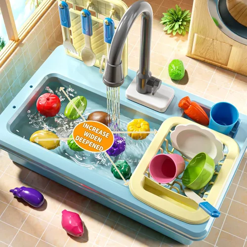 Miniatura 4 de JUKUDAHU - Lavaplatos de juguete con agua corriente, juguetes de cocina con fregadero para niños de 3, 4, 5, 6 y 7 años de edad, lavavajillas Azul