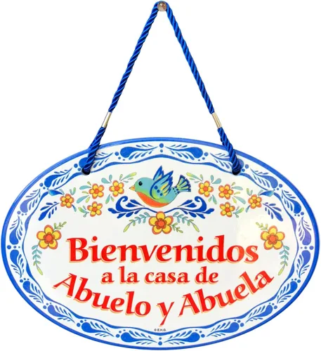 Oktoberfest Haus - Obra de arte tradicional latina "Bienvenidos a la Casa de Abuelo y Abuela", de cerámica de 8.75 x 6 pulgadas, letrero de puerta