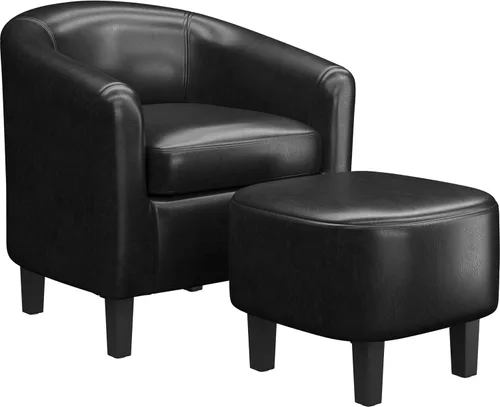 Miniatura 10 de Yaheetech Silla de barril de piel sintética, moderna silla de acento con patas resistentes de madera, silla de club de piel sintética, cómoda silla
