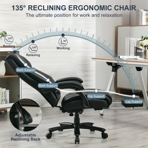 Miniatura 5 de Silla de oficina reclinable con reposapiés retráctil y soporte lumbar ajustable, capacidad de 500 libras para usuarios grandes y altos, silla
