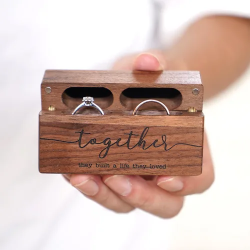 Miniatura 6 de Caja de madera para anillos Caja de anillo doble delgada grabada para ceremonia de boda, propuesta de compromiso, ideas de regalo de cumpleaños