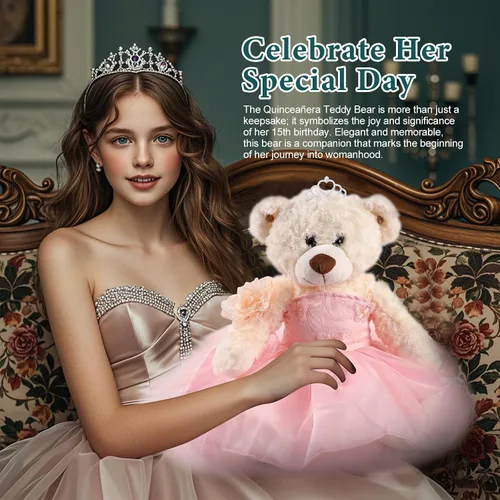 Miniatura 4 de Muñeca Quinceañera de Oso de Peluche Cisina con Vestido, Decoraciones de Quinceañera para Regalos para Niñas, Oso de Peluche para 15 Años