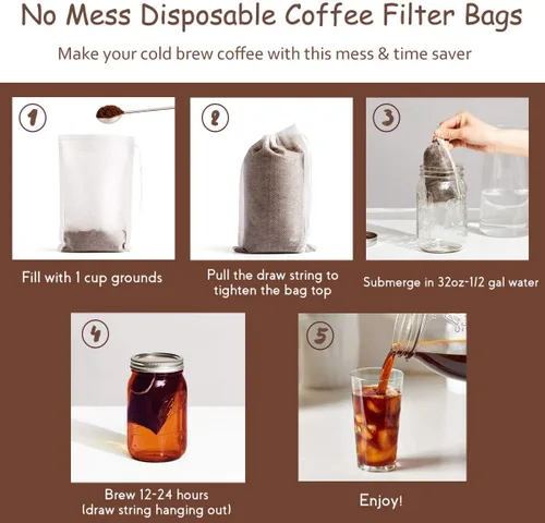 Miniatura 3 de Filtros de café frío sin ensuciar, 100 bolsas desechables de malla fina para concentrado/cafetera helada, kit de prensa francesa/fría, té caliente
