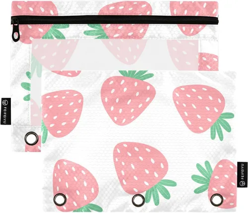 Estuche para lápices de fresas rosas para carpetas de 3 anillas, estuche para lápices, bolsa de maquillaje con ventana transparente para almacenar