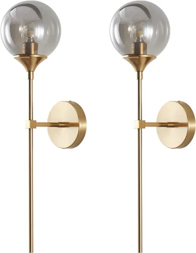 Miniatura 11 de KCO Mid-Century - Juego de 2 apliques de pared modernos con globo de vidrio ámbar con brazo largo, lámparas de pared industriales doradas