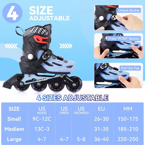 Miniatura 2 de SWAY Patines en línea ajustables en 4 tallas para niñas y niños, todas las ruedas se iluminan, patines en línea para exteriores para niños y jóvenes