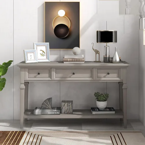 Miniatura 3 de RuiSiSi Mesa consola de granja con 3 cajones y estante inferior, mesa de sofá de madera maciza para sala de estar, comedor, entrada, gris lavado