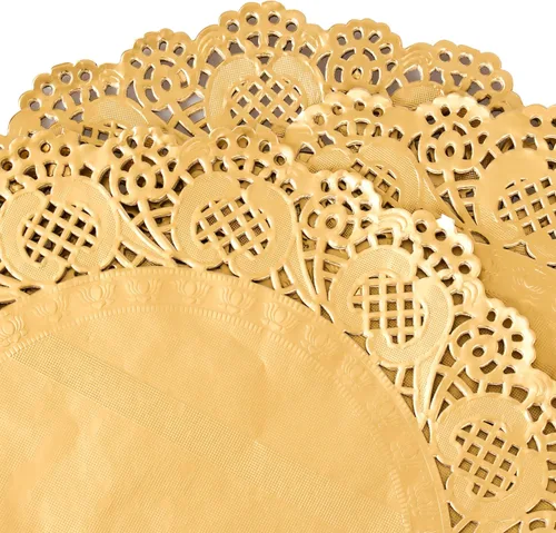 Miniatura 4 de 8.5 pulgadas 100 piezas redondas de encaje dorado papel de papel de lámina dorada manteles individuales para pasteles, manualidades, fiestas, bodas