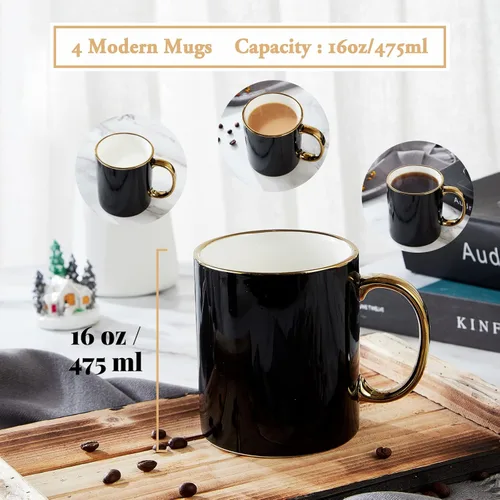 Miniatura 5 de DUJUST Juego de 4 tazas de café negras (16 onzas), diseño moderno y elegante con adornos dorados hechos a mano, juego de tazas negras y doradas
