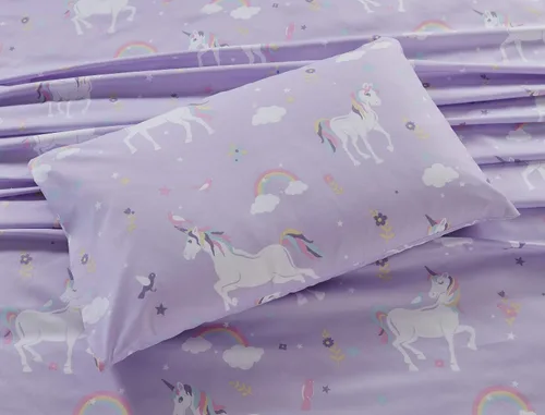 Miniatura 3 de Linen Plus Juego de sábanas para niños/adolescentes, unicornio, pájaro, estrella, flor, nube, lila, morado, rosa, amarillo, blanco, nuevo # lila
