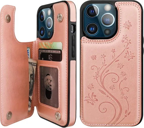 Vaburs Funda compatible con iPhone 13 Pro con tarjetero y diseño de mariposa en relieve, de piel sintética, doble botón, a prueba de golpes, para