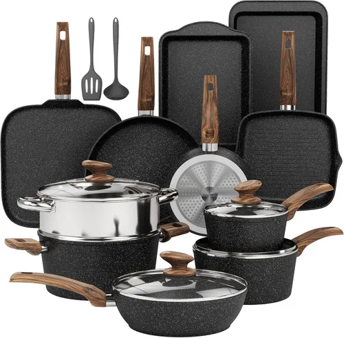 Miniatura 12 de DishDelight Juego de 17 piezas de ollas y sartenes antiadherentes, juego de utensilios de cocina de granito antiadherentes, juego de utensilios