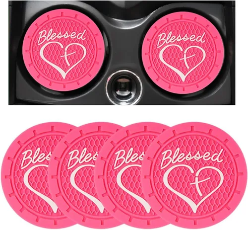 Miniatura 22 de Dickno 2 piezas posavasos para portavasos de automóvil, 2.76 pulgadas cruz bendita y corazón tapete de bebida cristiano, PVC suave antideslizante a