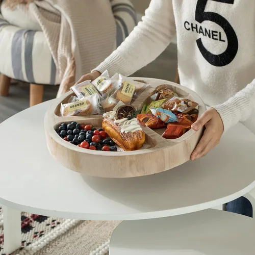 Miniatura 2 de Plato de madera con 3 seccionales, bandeja dividida para servir con acabado negro quemado, tabla de charcutería Lazy Susan para mesa de comedor