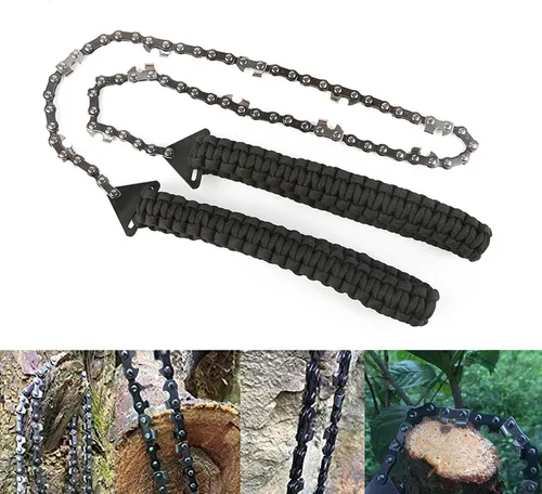 Miniatura 5 de Motosierra de bolsillo con mango de paracaídas de 24 pulgadas, 11 dientes, sierra de mano, equipo de supervivencia al aire libre, alambre de cadena