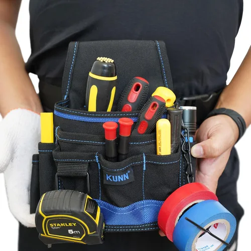 Miniatura 8 de KUNN Cinturón de herramientas para electricistas - Resistente y pequeño cinturón de herramientas básico para mantenimiento con bolsillos y clip