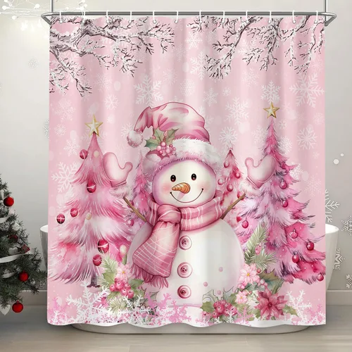 Miniatura 16 de Cortina de ducha de muñeco de nieve de Navidad, bola de Navidad roja, bonita cortina de ducha de muñeco de nieve de invierno, decoración navideña