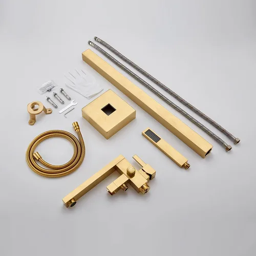 Miniatura 7 de Wowkk Grifo de bañera independiente, relleno de bañera de oro cepillado, montaje en piso, grifos de baño de latón con una sola manija con ducha