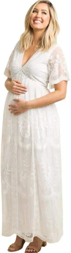 Miniatura 3 de Vestido largo de maternidad casual con cuello en V de manga corta floral con encaje acampanado y bohemio para la noche cóctel fiesta sesión de fotos
