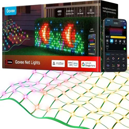 Luces Govee de red para exteriores, 0.85*2.85 metros con funciones RGBIC y de bricolaje, 480 luces LED inteligentes con 64 modos para decoración de