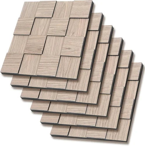 Miniatura 8 de Paneles de pared acústicos de tablero de ajedrez, paquete de 6 paneles de pared 3D de ceniza natural que absorben el sonido, 15.7 x 15.7 pulgadas