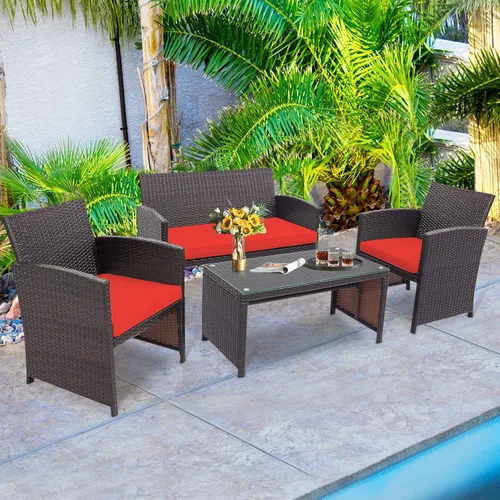 Miniatura 3 de HAPPYGRILL Juego de 4 muebles de mimbre para exteriores con mesa de centro de vidrio templado, cojines suaves, juego de sillas de ratán resistentes