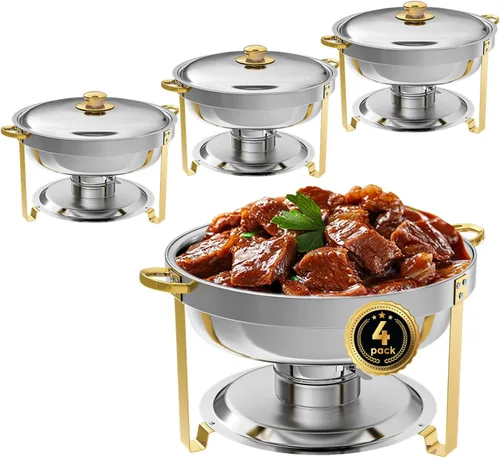 Miniatura 14 de IMACONE Juego de Bandejas Calentadoras de Buffet 4 Piezas, 5QT Redondas de Acero Inoxidable con Tapa de Vidrio para Catering, Conjuntos