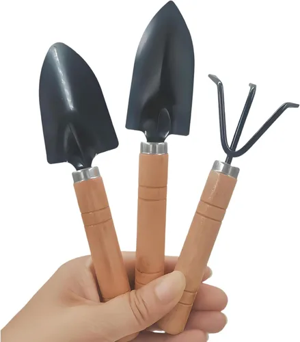 Juego de 3 mini herramientas de jardín, palas pequeñas y rastrillo de mano con mango de madera maciza, herramientas de jardinería de interior para