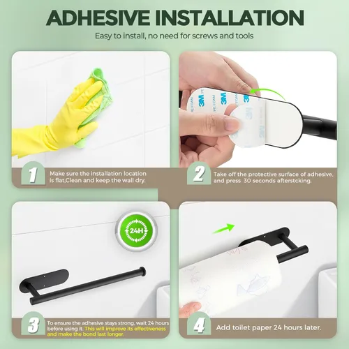 Miniatura 6 de Paquete de 2 soportes para toallas de papel, acero inoxidable SUS304 negro mate, autoadhesivo o perforador, soporte de pared para cocina y baño