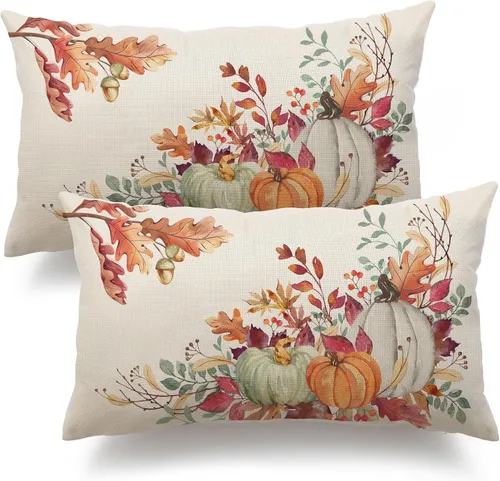 Miniatura 15 de DFXSZ Fundas de almohada de otoño de 16 x 16 pulgadas, juego de 2 fundas decorativas de otoño de hojas caídas de calabaza en acuarela azul y verde