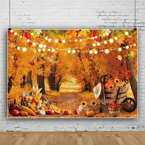 Miniatura 2 de Telón de fondo de bosque de otoño de 5 x 3 pies para fotografía, calabazas de otoño, hojas de arce, fondo para decoración de fiesta de cosecha