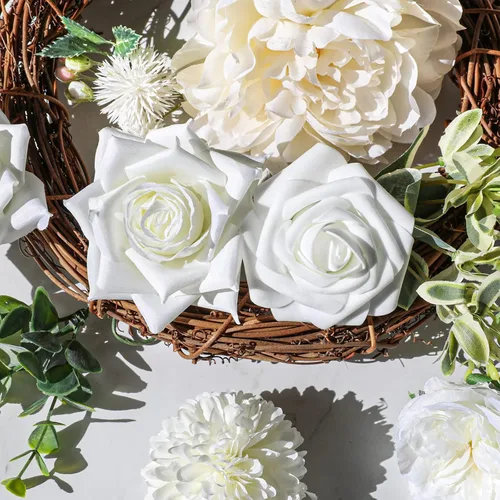 Miniatura 7 de AmyHomie - Juego de flores artificiales blancas, mezcla de seda, peonía, rosa, hortensia, margarita, con tallo, para bricolaje, centros de mesa