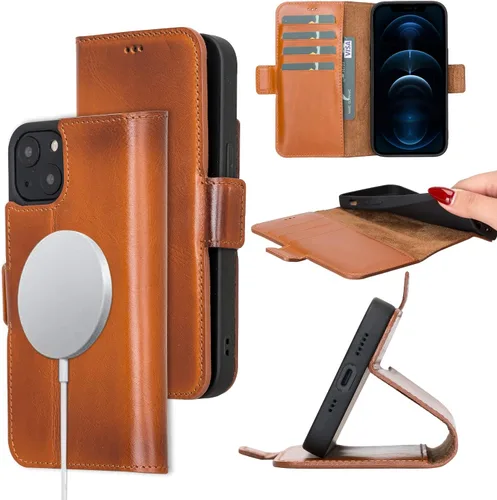 Miniatura 9 de Bayelon Funda para iPhone 13 Pro Max, funda de piel de grano completo, funda magnética con ranuras para tarjetas, función atril (bronceado rústico)