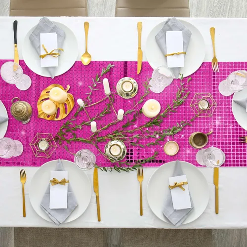Miniatura 6 de Durony Paquete de 2 caminos de mesa disco de 11 x 108 pulgadas, espejo rosa intenso con laminado de purpurina y lentejuelas brillantes