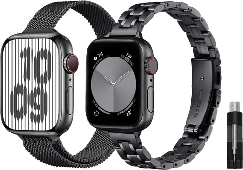 Miniatura 15 de Paquete de 2 correas de metal compatibles con Apple Watch Band 38/40/41/42/44/45/46/1.929 in, acero inoxidable y malla milanesa para iWatch Band