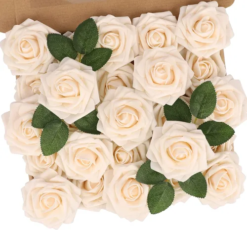 Miniatura 69 de N&T NIETING 25 unidades de flores artificiales, Rosas de espuma artificial de sensación real al tacto, decoración para boda, dama de honor, ramo