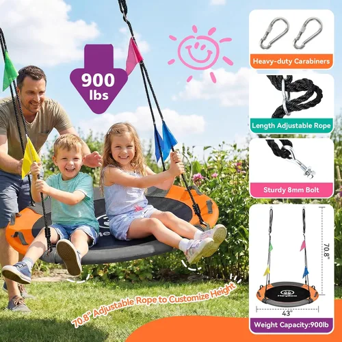 Miniatura 2 de HeyZoo Columpio de árbol de 43 pulgadas, juego de columpio de platillo de capacidad de peso de 900 libras para niños, viene con giro de 360 grados