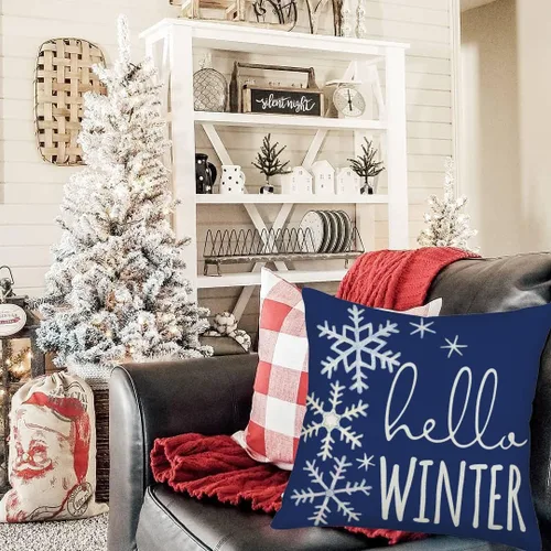 Miniatura 3 de Hello Winter - Funda de almohada de 16 x 16 pulgadas, diseño de copo de nieve azul y blanco, decoración de Navidad, decoración de casa de campo
