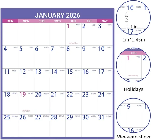Miniatura 5 de Calendario anual de pared 2026, calendario de borrado en seco 2026, enero 2026 a diciembre de 2026, 34.8 x 22.9 pulgadas, calendario de pared 2026