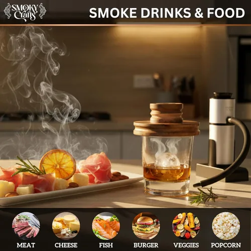 Miniatura 9 de Kit de ahumado de whisky de acacia Smoky Crafts con pistola ahumadora y astillas de madera (manzana y cereza) - Kit de ahumado de bebidas - Juego