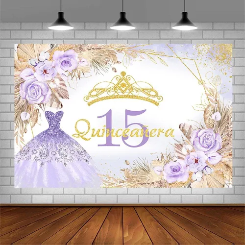 Miniatura 3 de AIBIIN Telón de fondo de quinceañera de 15 cumpleaños de 7 x 5 pies para niña dulce, bohemio, morado con purpurina Mis Quince Anos, fondo